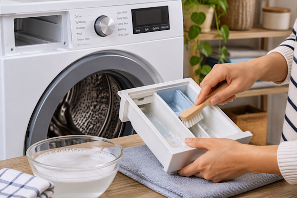 Cleaning a washing machine tray