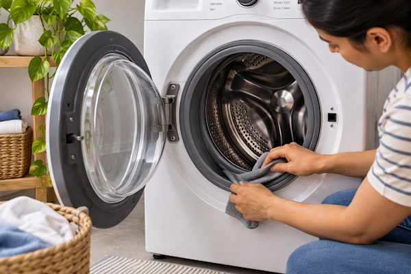 A person cleaning a washing machine